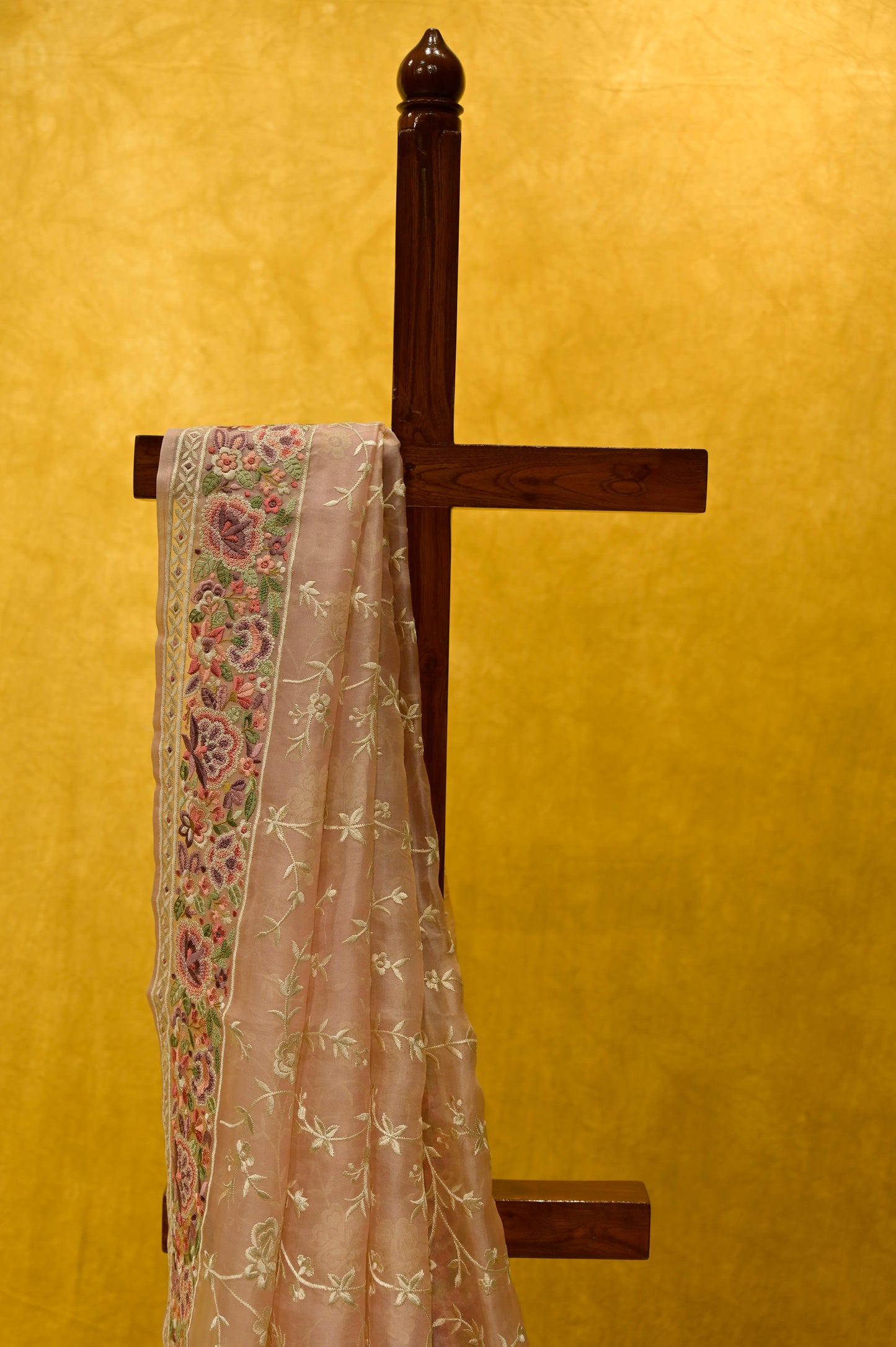 PEACH COLOUR ORGANZA PARSI GARA EMBROIDERED SAREE - Kothari Sons