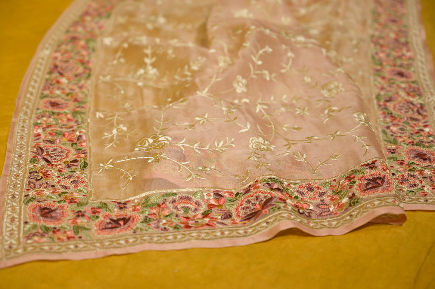 PEACH COLOUR ORGANZA PARSI GARA EMBROIDERED SAREE - Kothari Sons