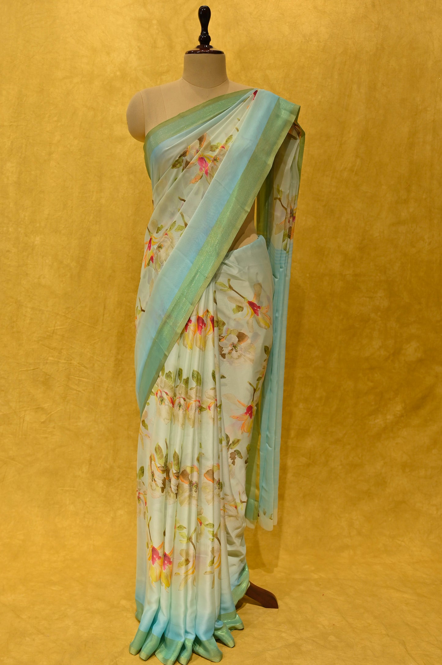 PASTEL BLUE GEORGETTE FLORAL PRINTED SAREE - Kothari Sons
