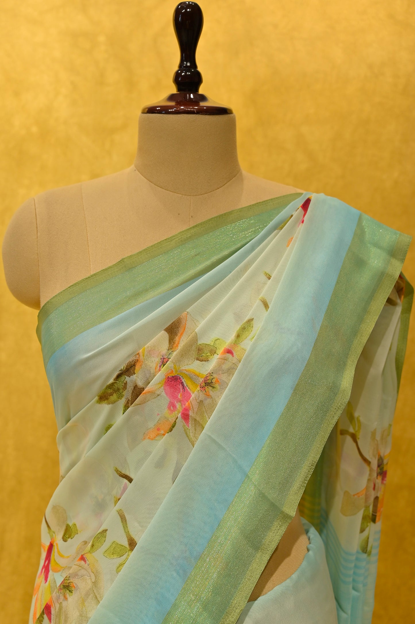 PASTEL BLUE GEORGETTE FLORAL PRINTED SAREE - Kothari Sons