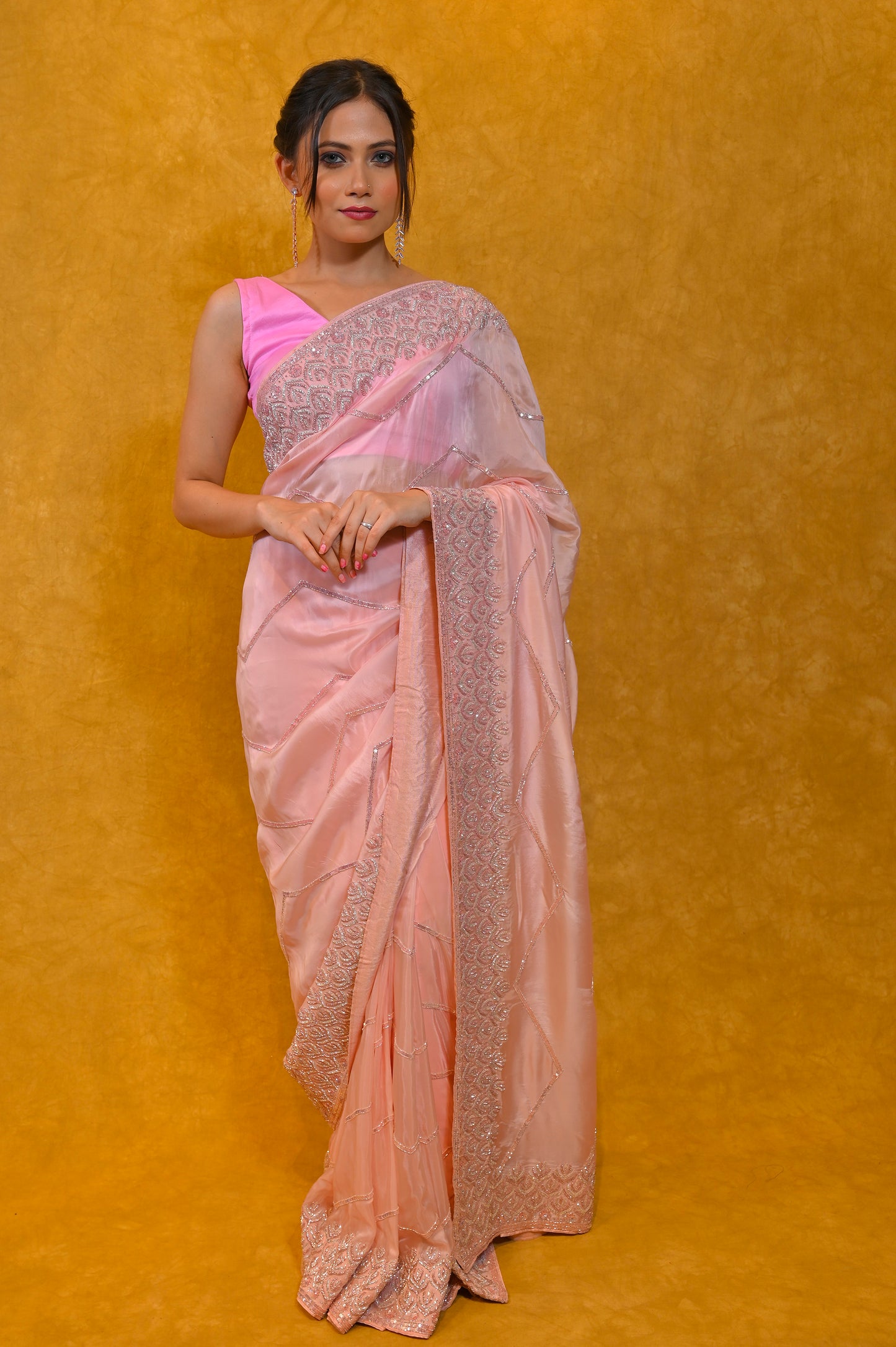 PASTEL PEACH HABUTAI SILK SAREE WITH HAND EMBROIDERED CUT DANA WORK