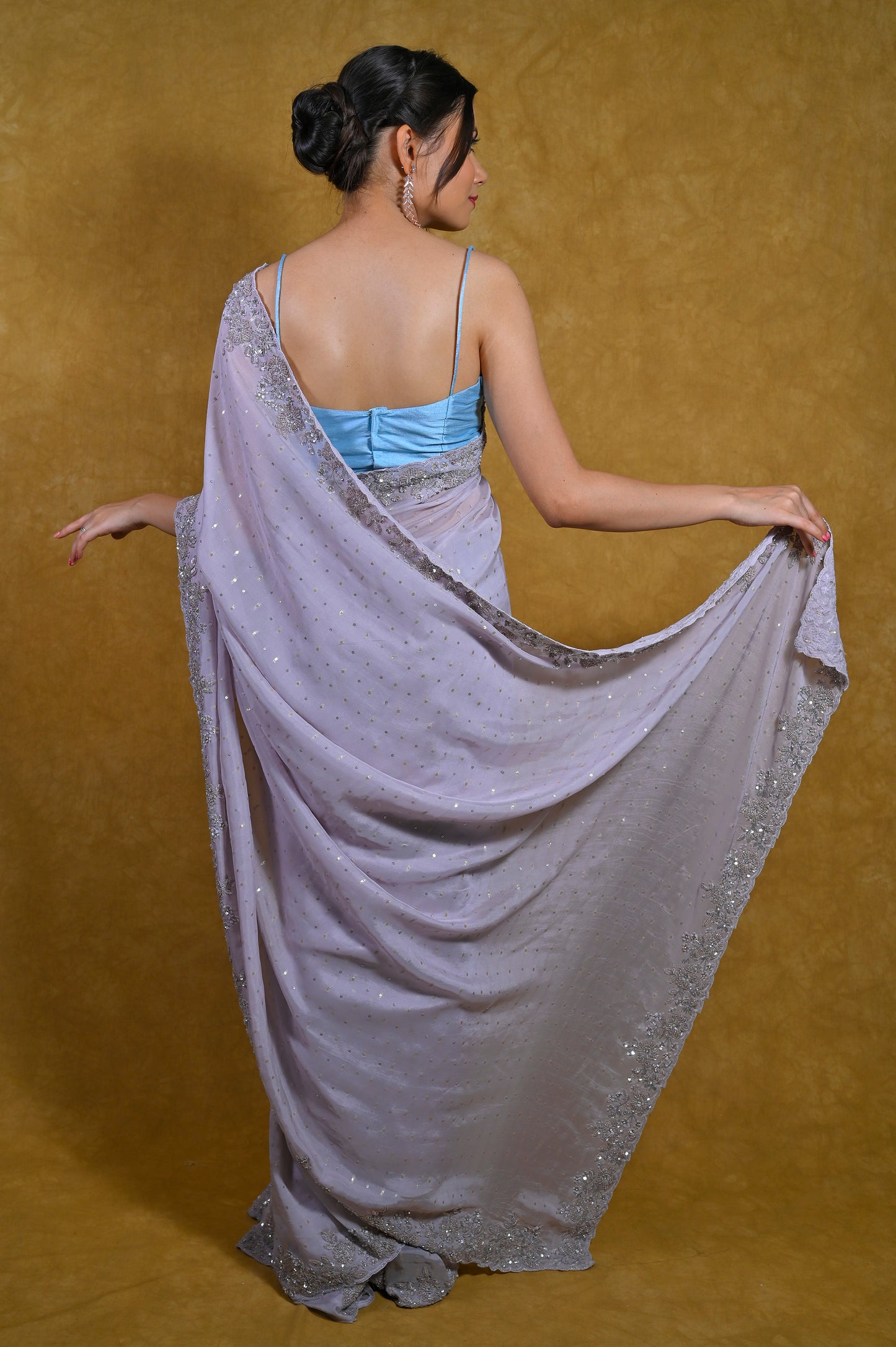 GREY COLOUR ORGANZA SAREE WITH HAND EMBROIDERED WORK