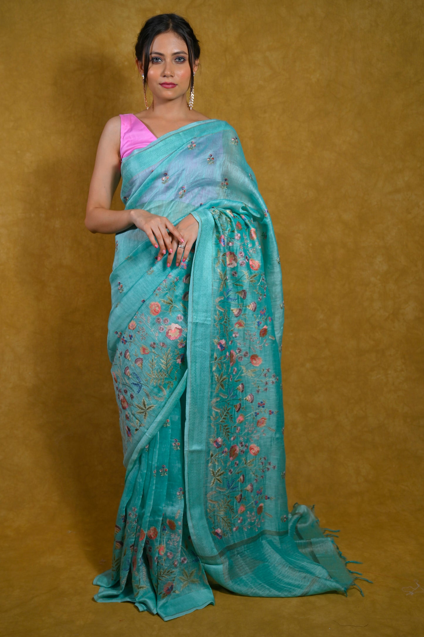 SKY BLUE LINEN SAREE WITH RESHAM EMBROIDERY