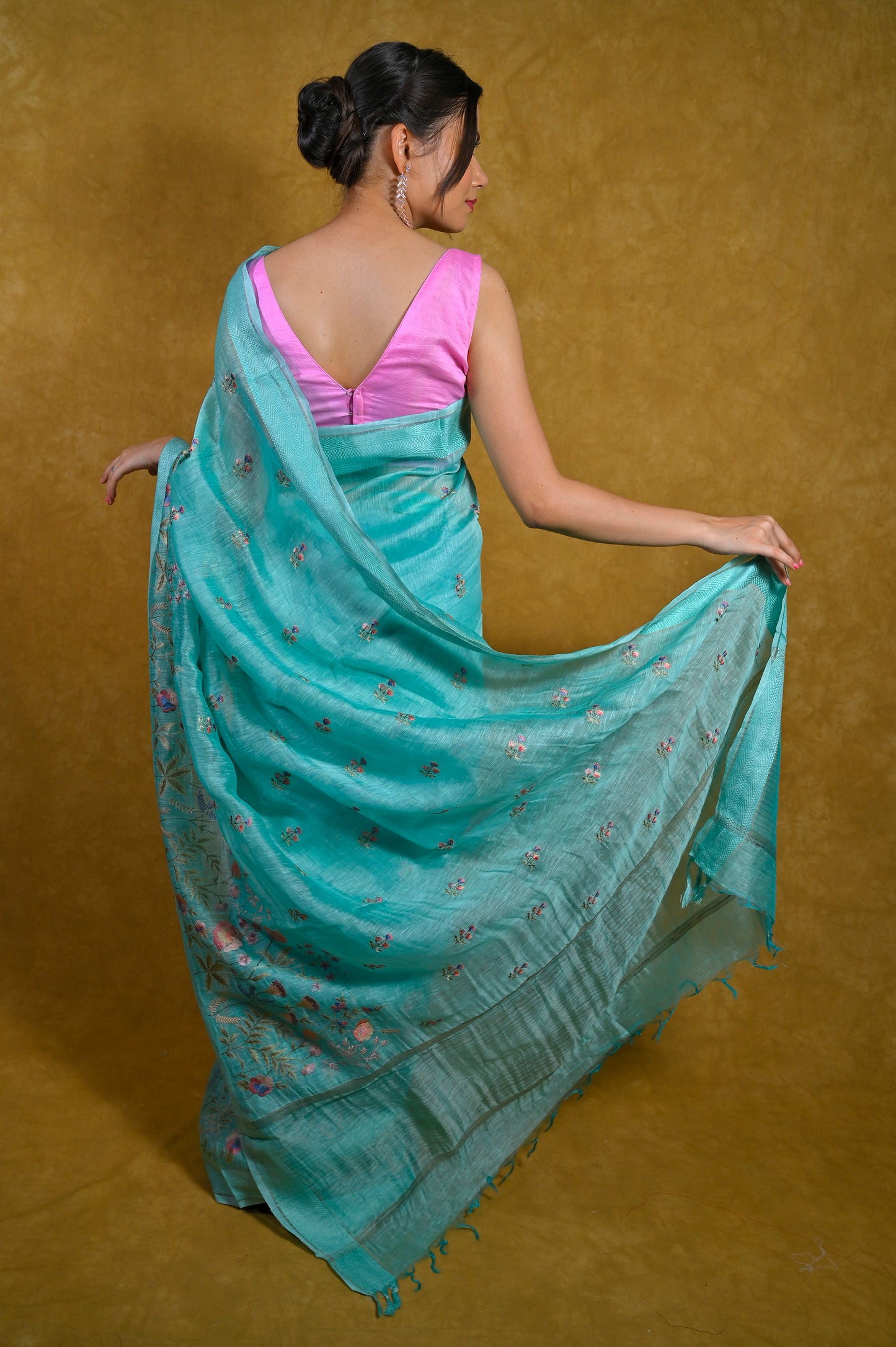 SKY BLUE LINEN SAREE WITH RESHAM EMBROIDERY
