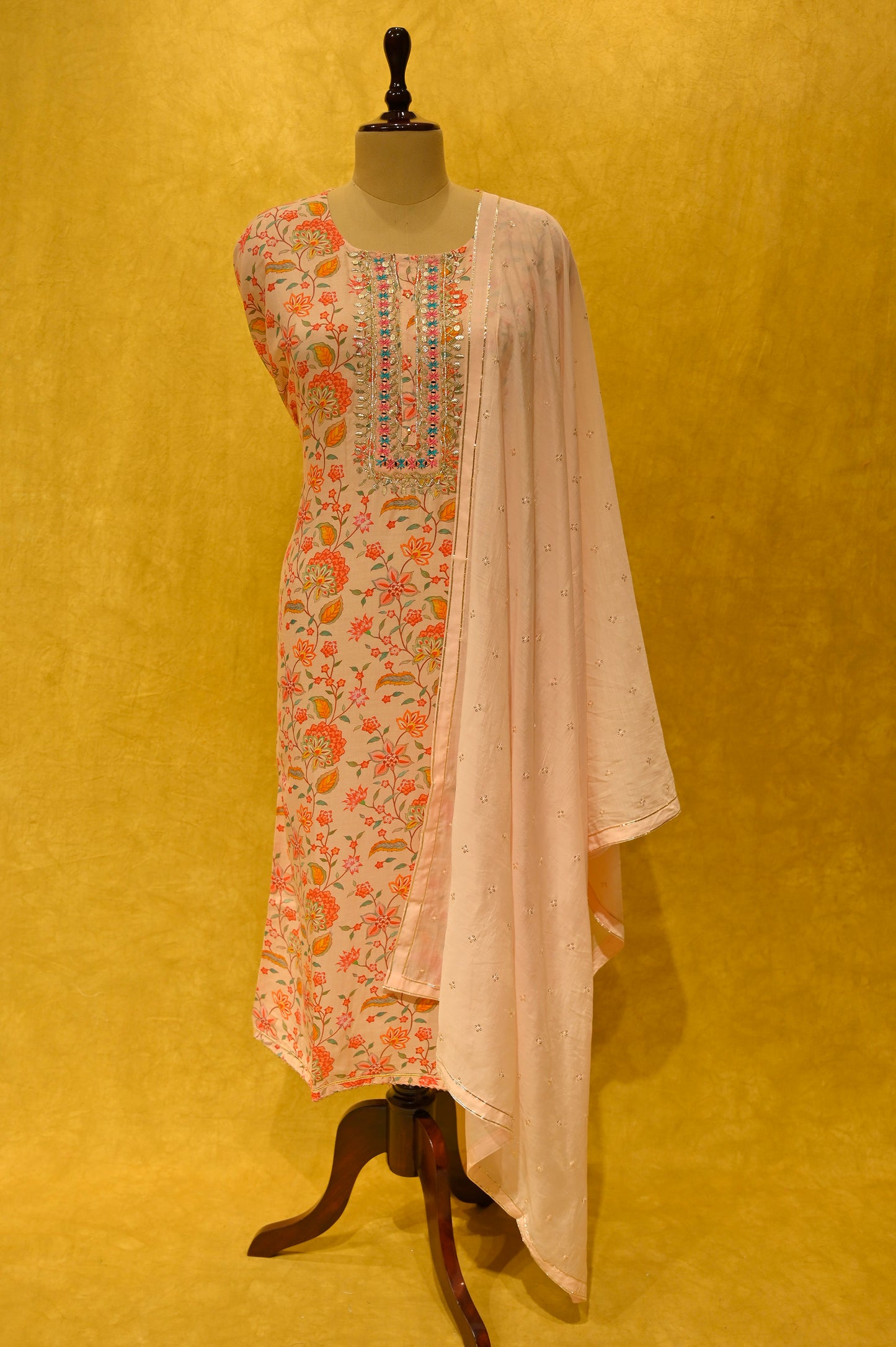 PEACH MUSLIN PRINTED UNSTITCHED SUIT WITH GOTA PATI WORK