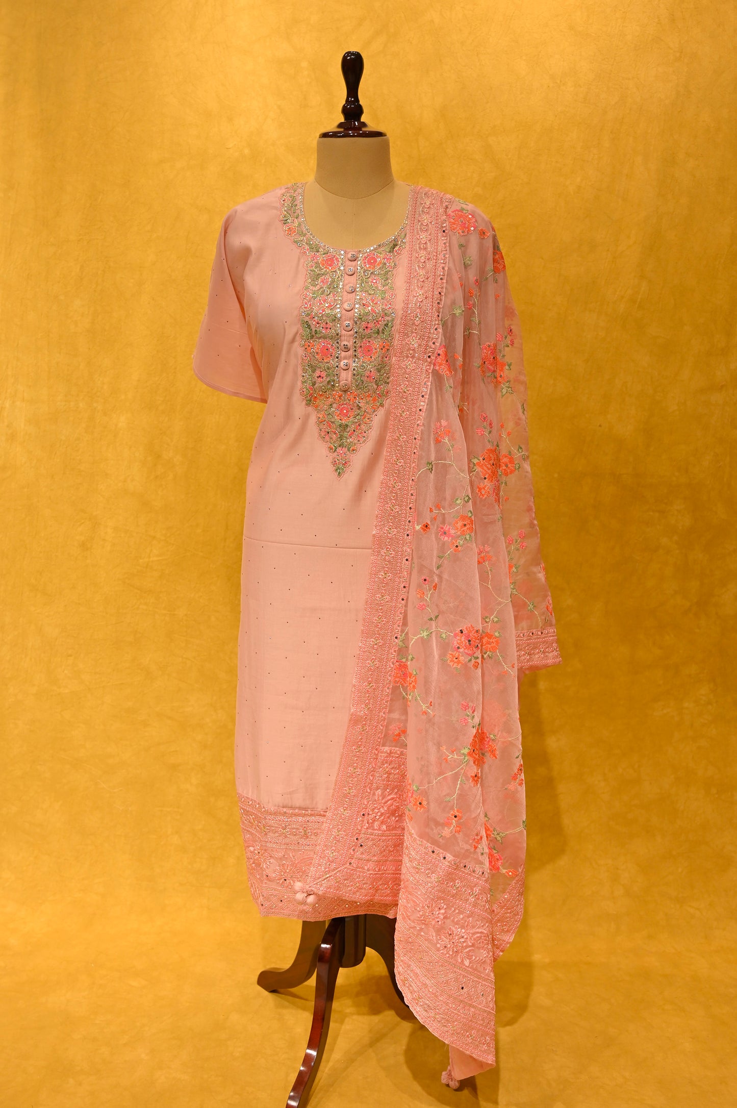PINK MUSLIN SILK UNSTITCH SUIT WITH RESHAM EMBROIDERY