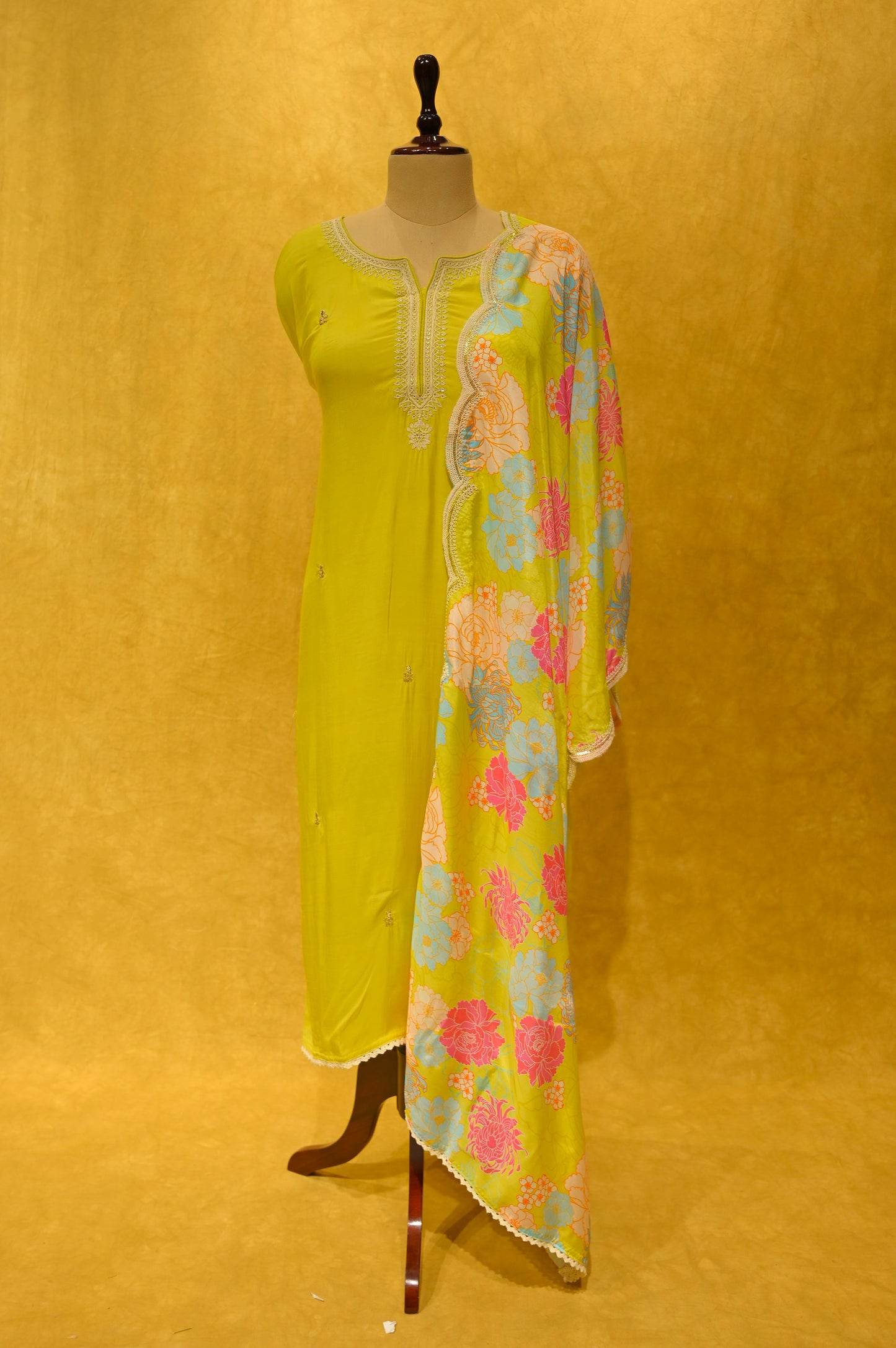 NEON GREEN MUSLIN UNSTICHED SUIT WITH THREAD WORK