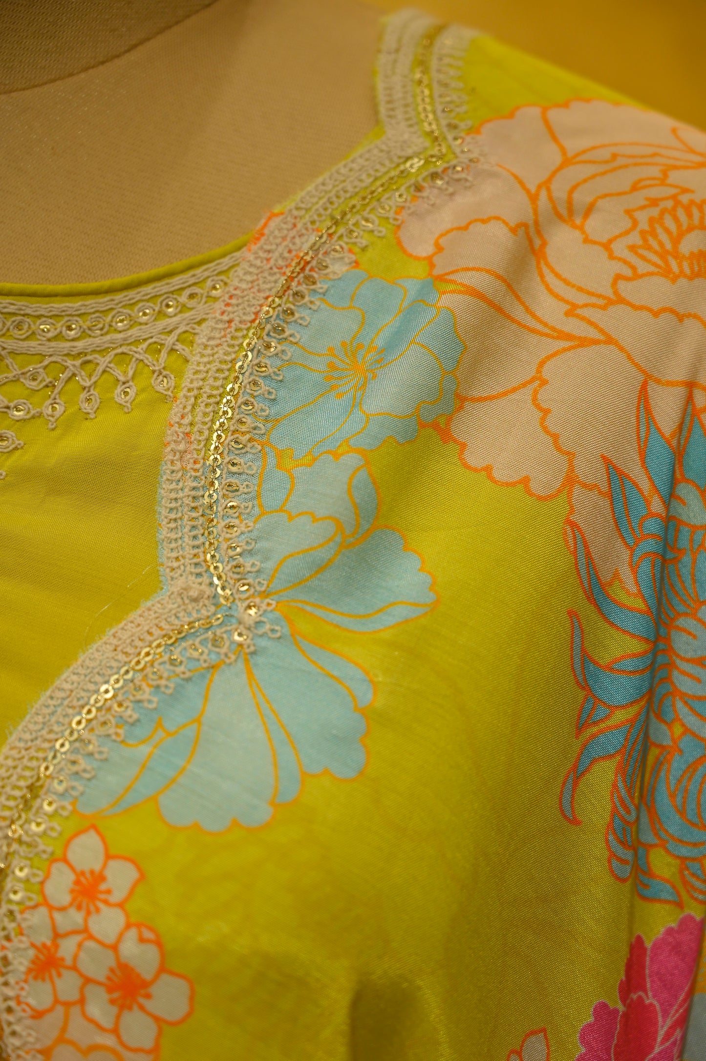 NEON GREEN MUSLIN UNSTICHED SUIT WITH THREAD WORK
