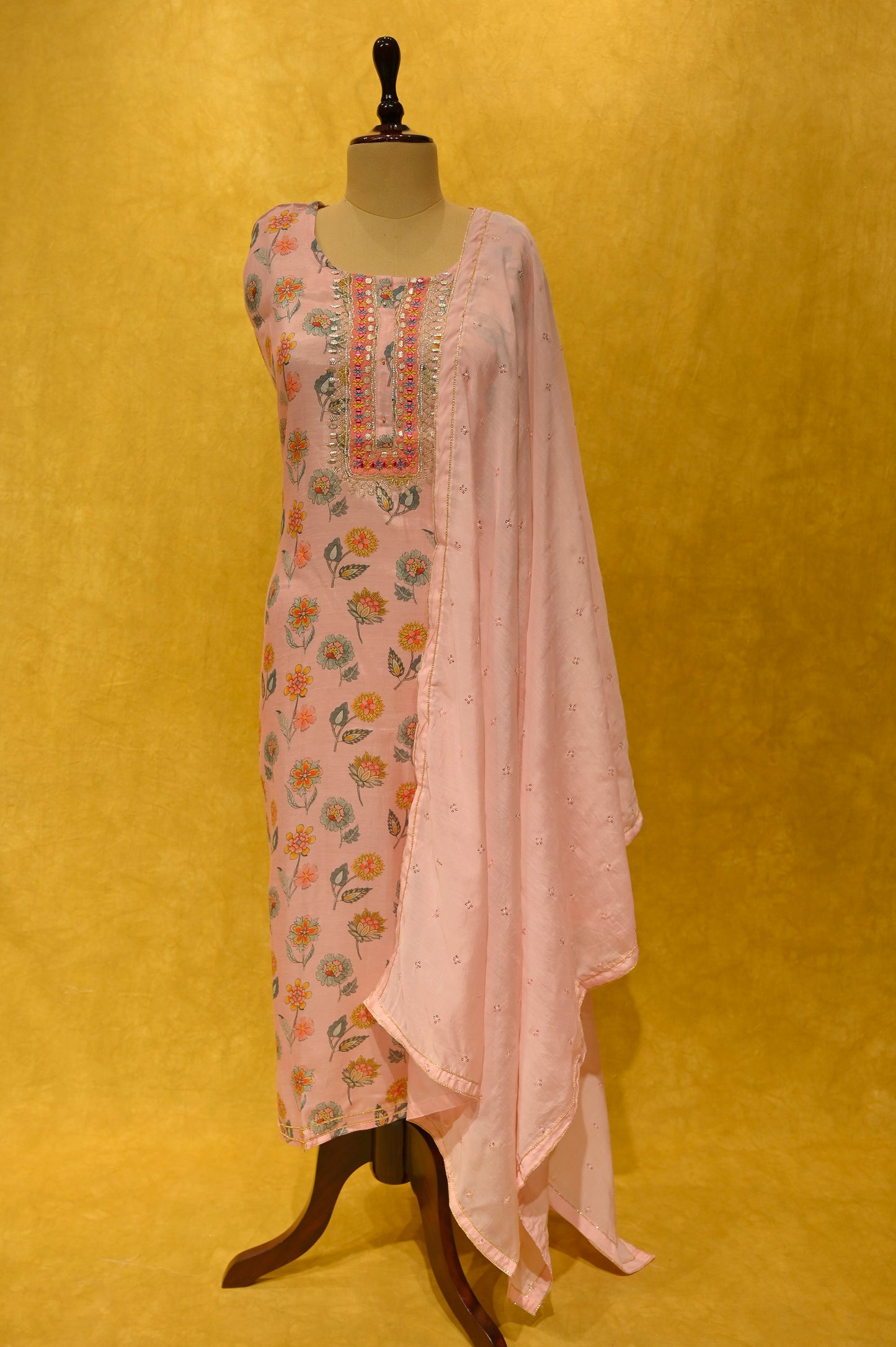PEACH MUSLIN PRINTED UNSTITCHED SUIT WITH GOTA PATI WORK