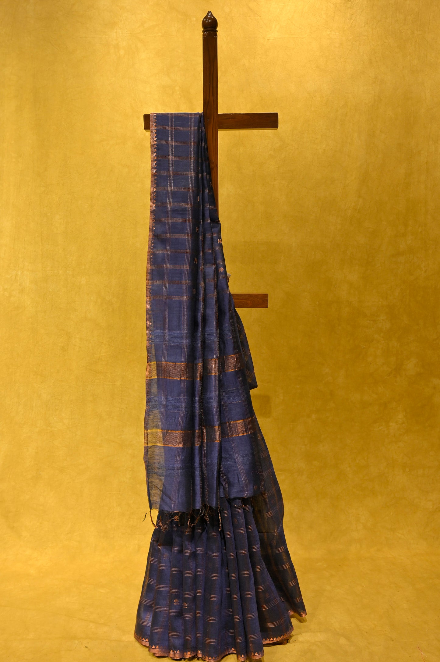 BLUE COLOUR TUSSAR SILK SAREE WITH COPPER ZARI CHECK