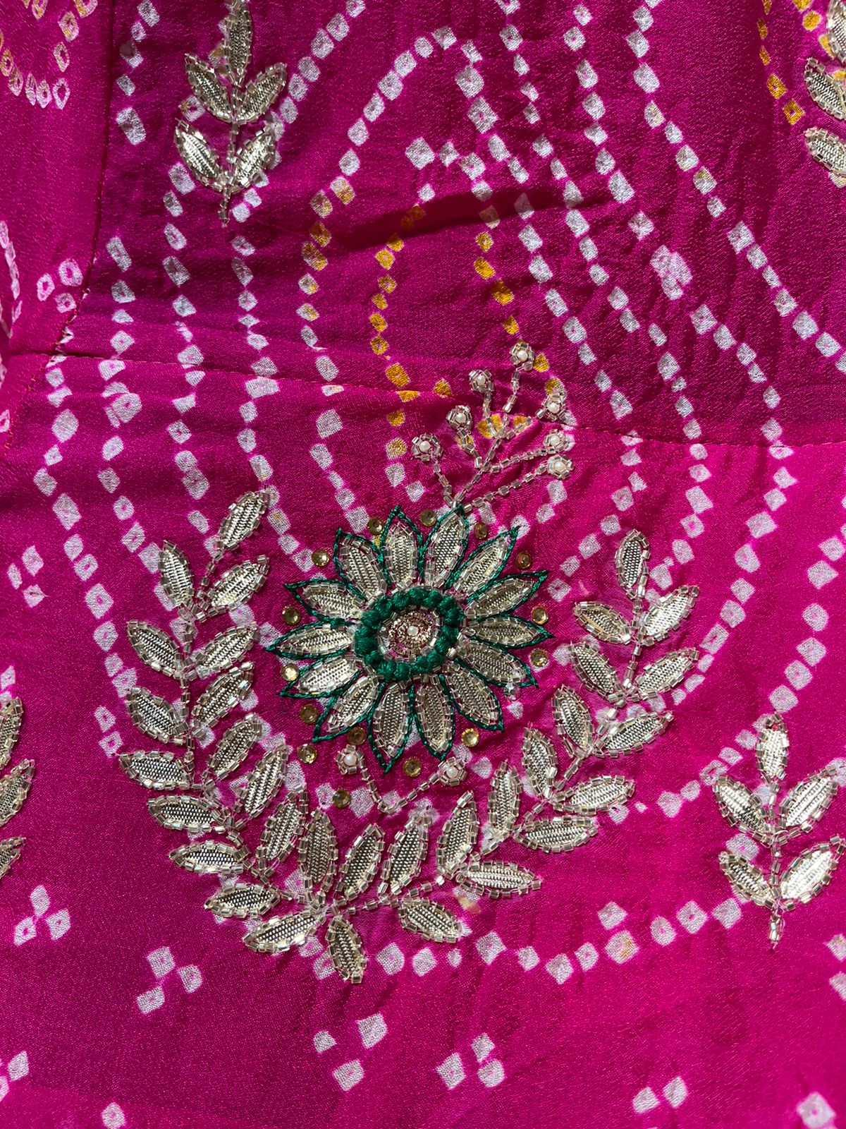(DELIVERY IN 20-25 DAYS) BRIDESMAIDS READYMADE MAGENTA BANDHANI LEHENGA & UNSTITCHED BLOUSE HIGHLIGHTS WITH CUTDANA AND GOTA PATTI WORK