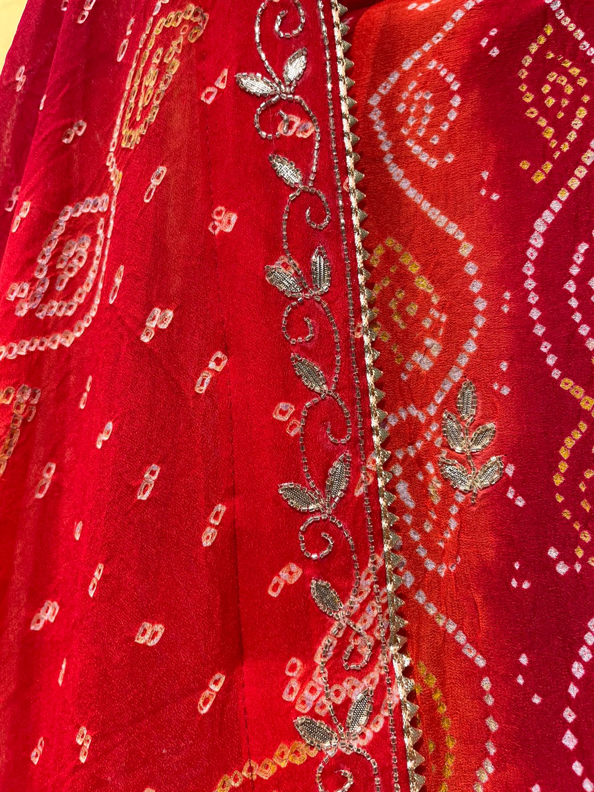 SHADED BANDHANI PURE GEORGETTE OJARIYA LEHENGA WITH RED CONTRAST BLOUSE