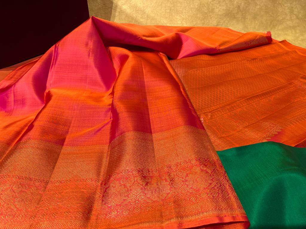 HANDWOVEN SHADED KANJIVARAM SILK SAREE WITH CONTRAST BLOUSE