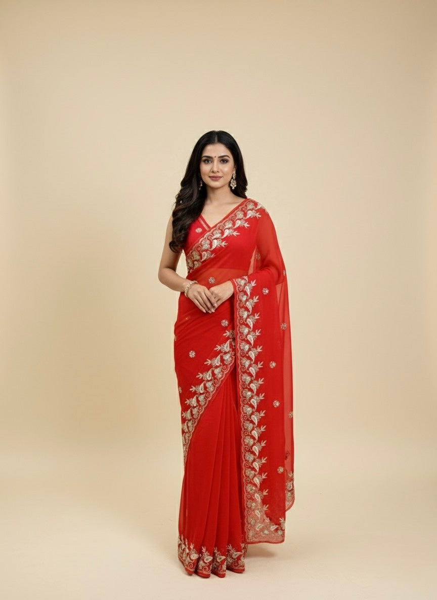 RED CHIFFON EMBROIDERED SAREE WITH SEQUINS & AARI WORK - Kothari Sons