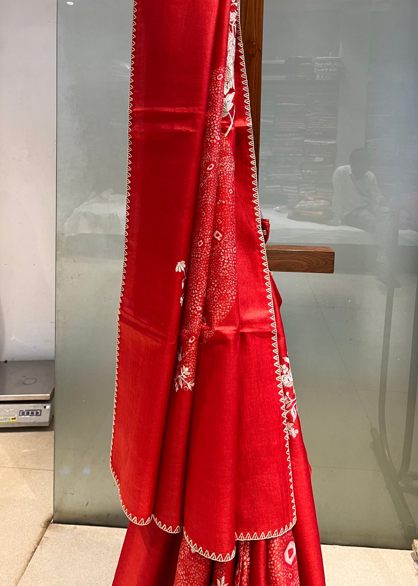 TERRACOTTA RED COLOUR PURE TUSSAR SILK SAREE WITH PARSI EMBROIDERY