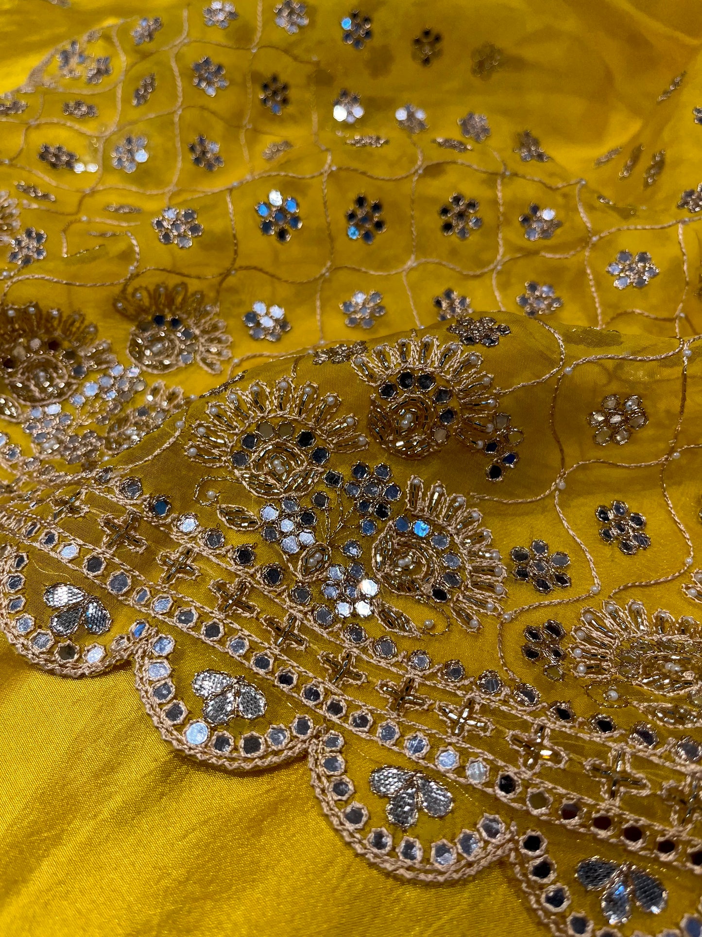 BRIGHT YELLOW PURE SILK MIRROR WORK EMBELLISHED UNSTITCHED SUIT WITH CREPE SILK BOTTOM & ORGANZA DUPATTA