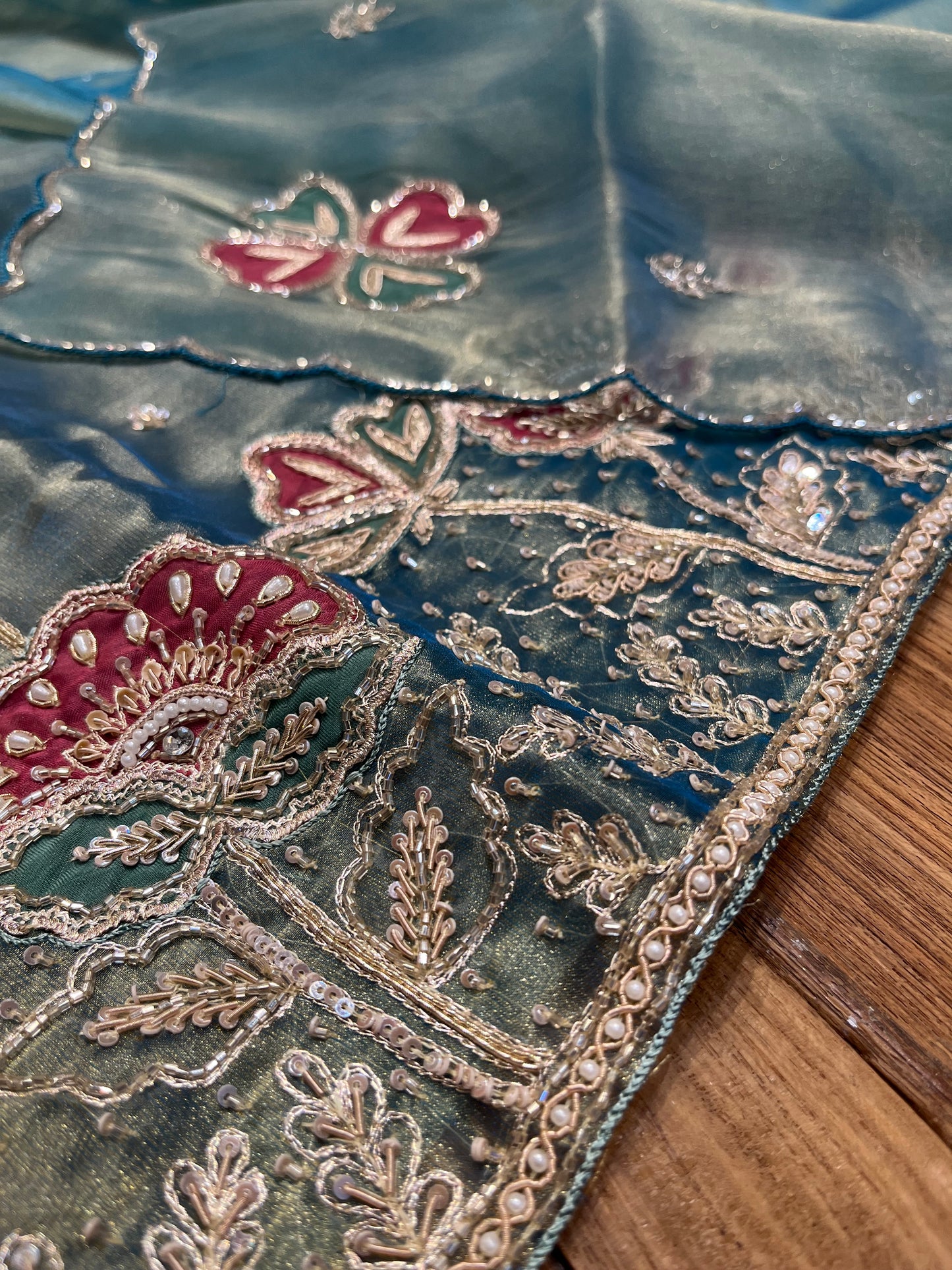 TEAL COLOUR TISSUE UNSTITCHED SUIT SET EMBELLISHED WITH CUTDANA & SEQUINS WORK (DELIVERY IN 20 DAYS)