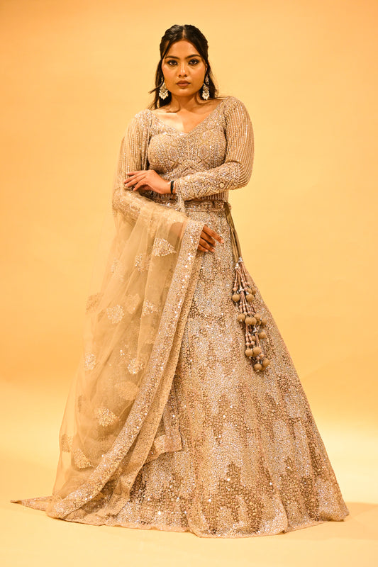 SEQUINS-SHADED LEHENGA WITH CROP TOP BLOUSE & NET EMBROIDERED DUPATTA