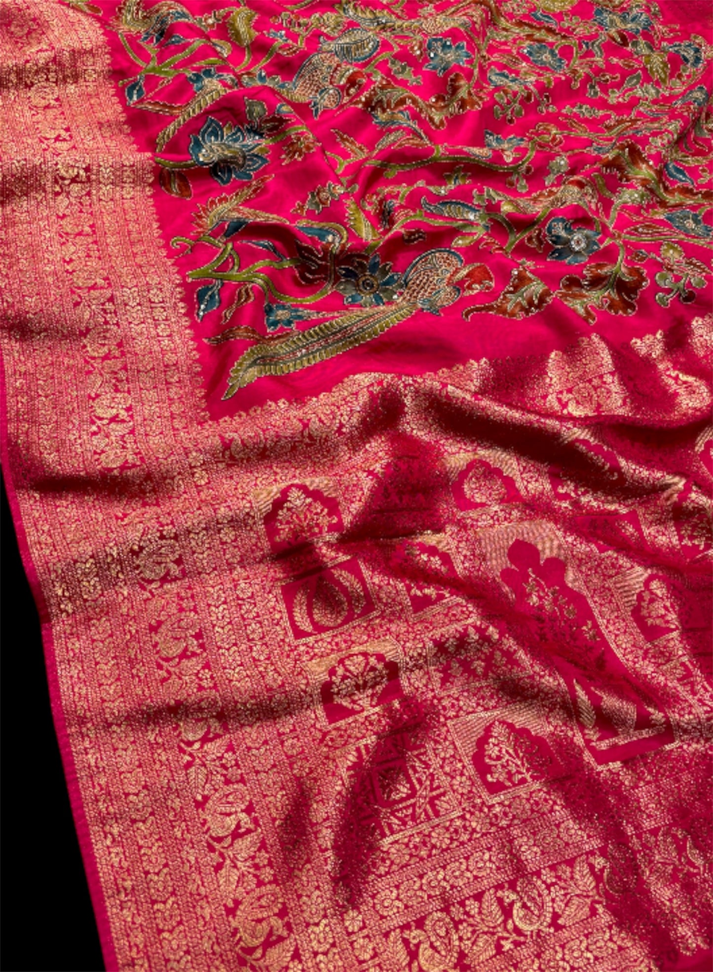 RANI COLOUR KALAMKARI SILK SAREE WITH EMBROIDERY AND WOVEN ZARI BORDER & PALLA