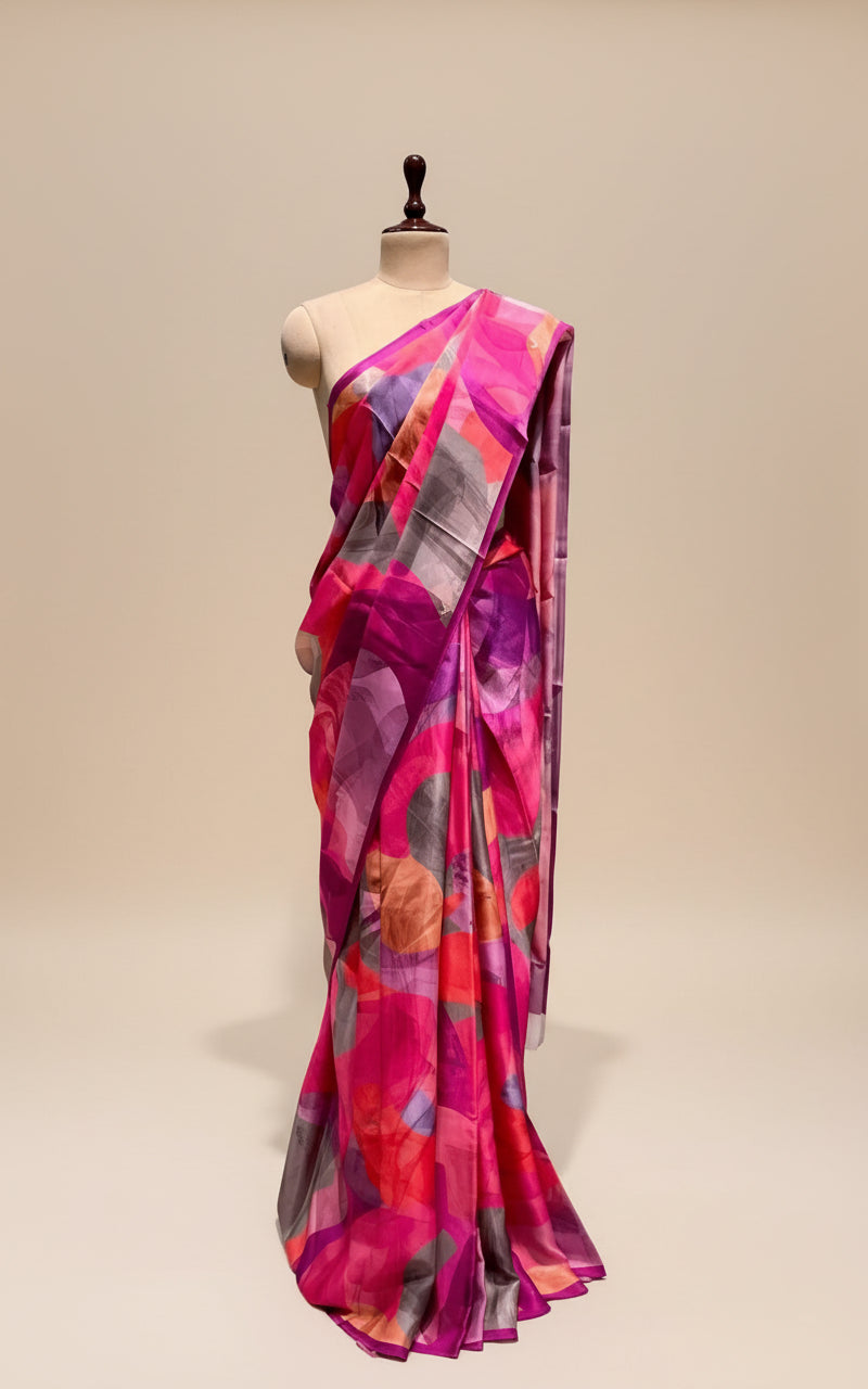 BRIGHT PINK PURE SATIN PRINTED SAREE
