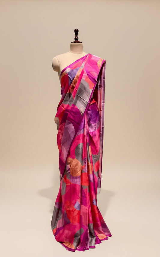 BRIGHT PINK PURE SATIN PRINTED SAREE
