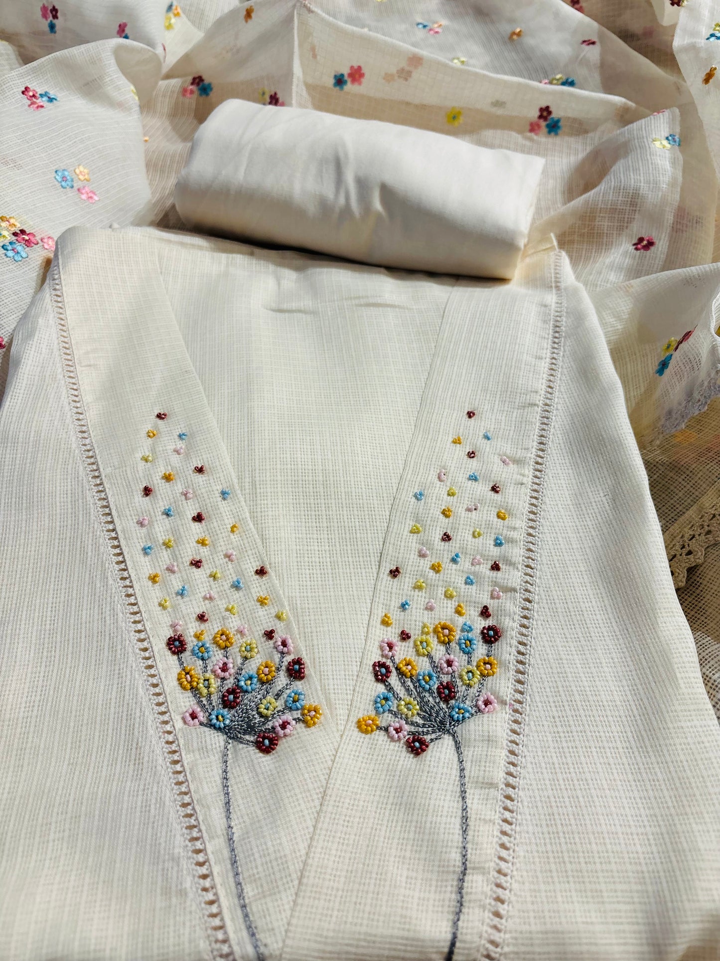 Ivory colour kota doria unstitched suit