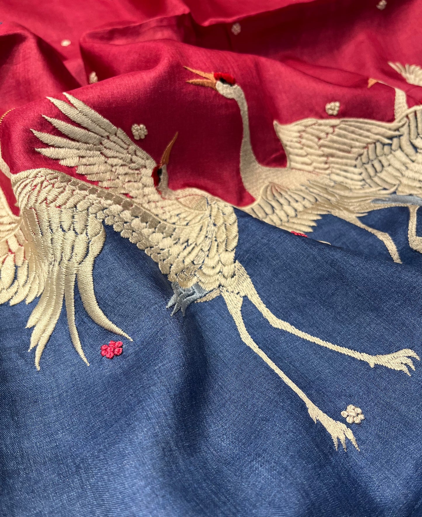 NAVY BLUE & RASPBERRY PINK PURE TUSSAR SILK SAREE EMBELLISHED WITH PARSI EMBROIDERY