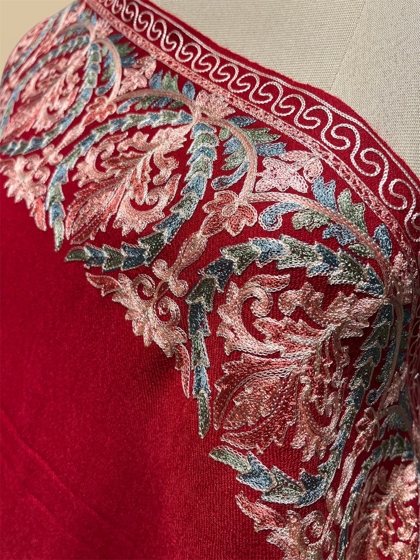 RED WOOLLEN SHAWL WITH KASHMIRI RESHAM EMBROIDERED BORDER