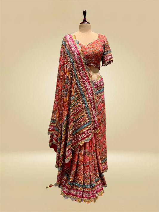 MULTICOLOURED CHINON SAREE EMBELLISHED WITH SEQUINS & BEADS WORK, PAIRED WITH A READYMADE BLOUSE