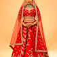 RED BRIDAL WEDDING LEHENGA WITH THREE-PANEL DESIGN, 6-METER FLAIR, DOUBLE DUPATTA, POTLI & EMBROIDERED TASSELS