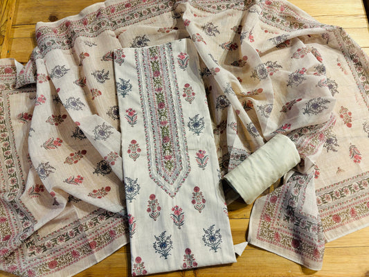 Ivory colour Munga cotton block printed unstiched suit