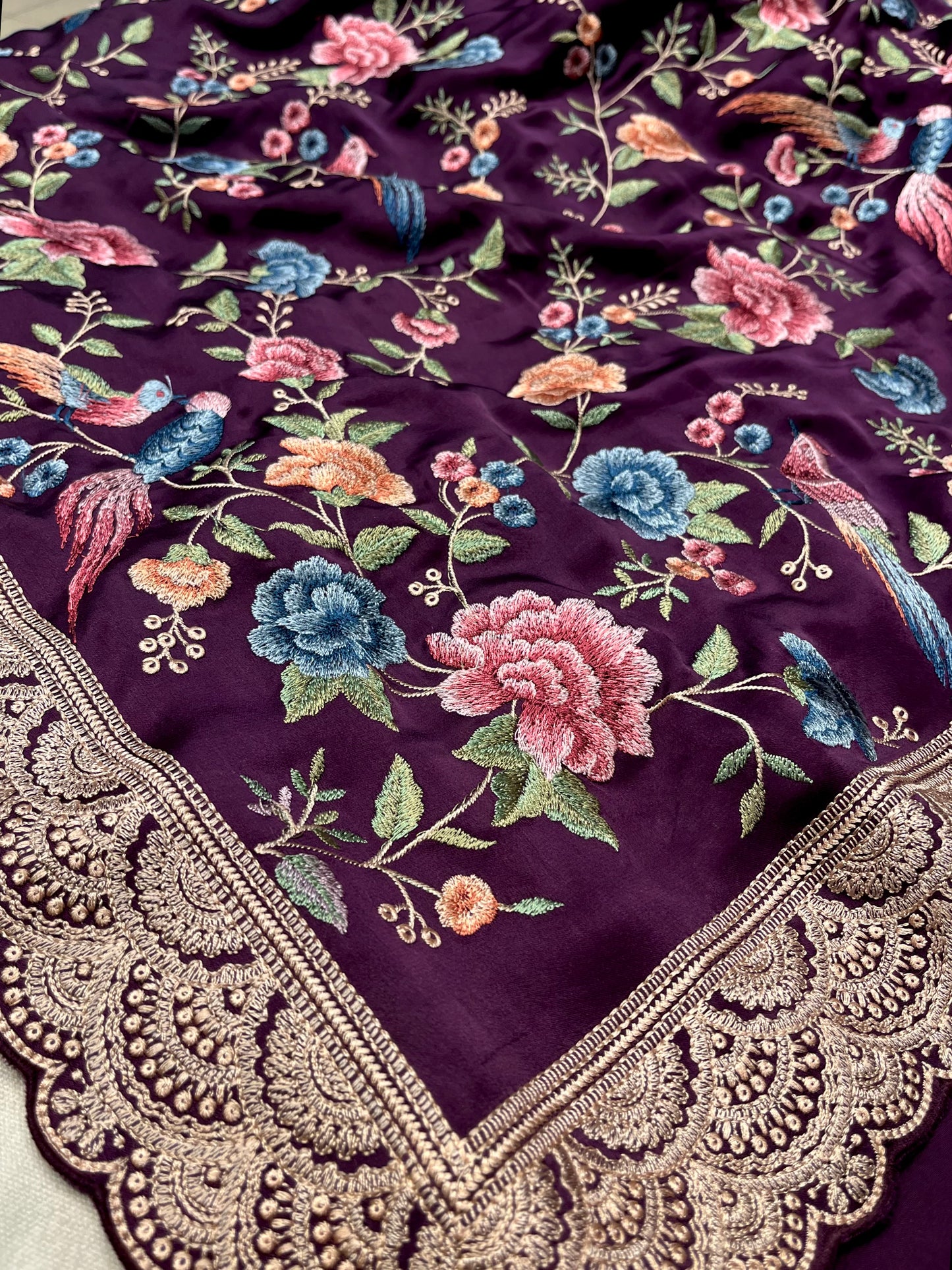 RAISIN PURPLE SATIN SILK PARSI EMBROIDERED SAREE (DELIVERY IN 20 DAYS)