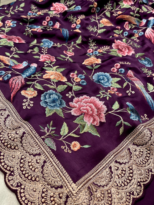 RAISIN PURPLE SATIN SILK PARSI EMBROIDERED SAREE (DELIVERY IN 20 DAYS)