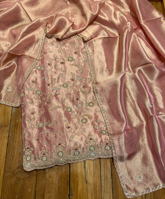 ROSE GOLD COLOUR PURE TISSUE EMBROIDERED UNSTITCHED SUIT WITH ZARDOZI & BEAD WORK (DELIVERY IN 20 DAYS)