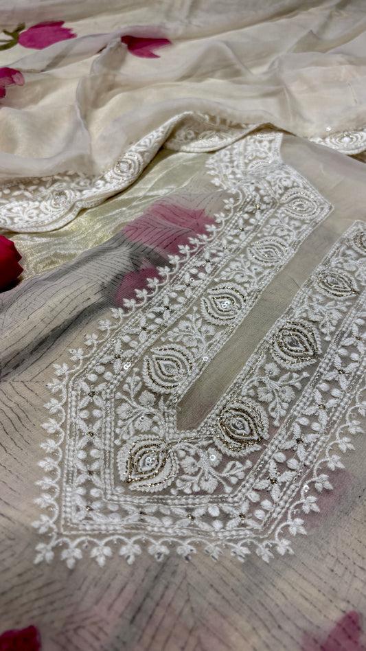 IVORY GEORGETTE SELF-RESHAM EMBROIDERED UNSTITCHED SUIT WITH PINK LOTUS PRINT