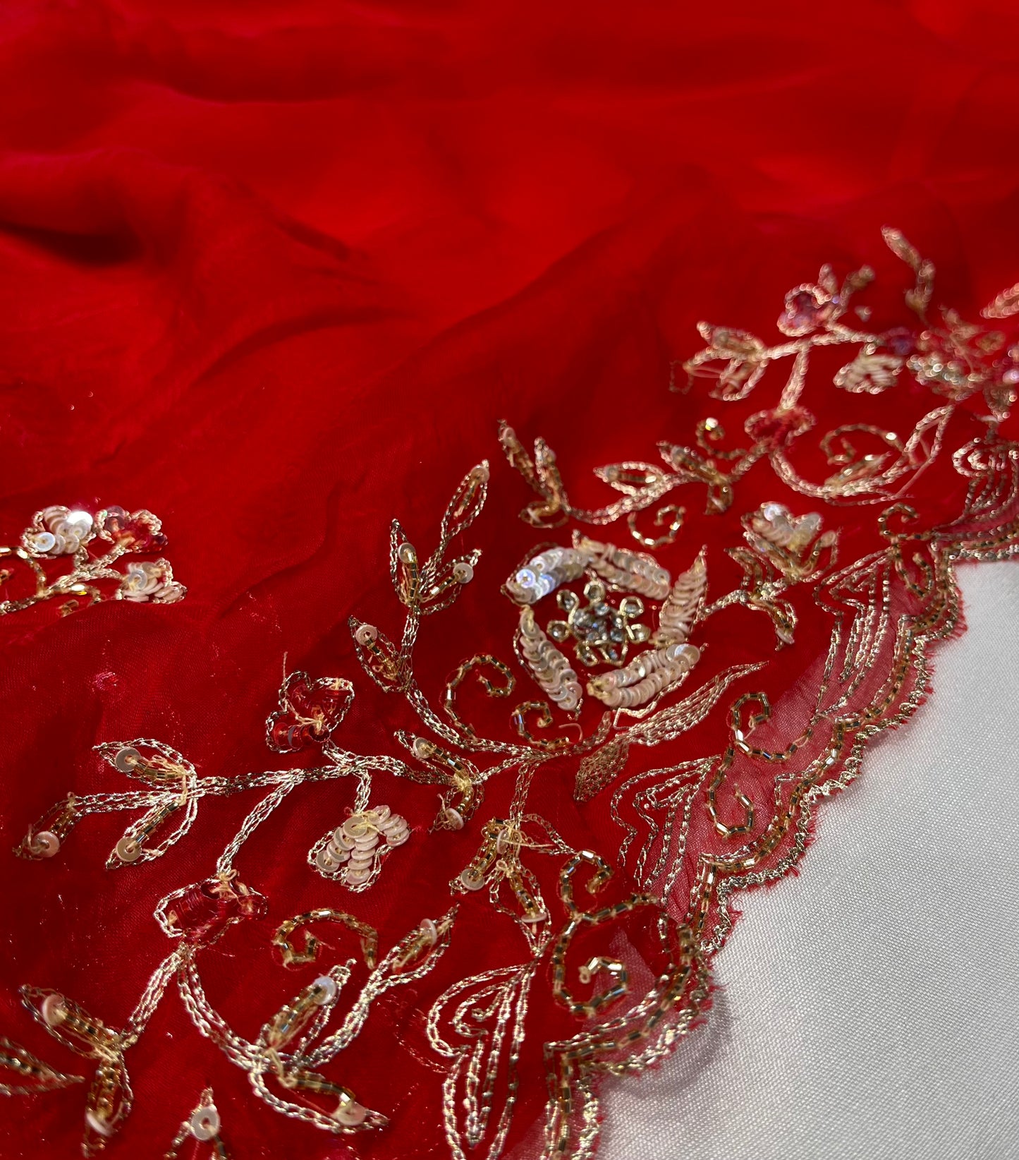 RED PURE CHIFFON EMBROIDERED SAREE WITH SEQUINS & CUTDANA WORK - Kothari Sons
