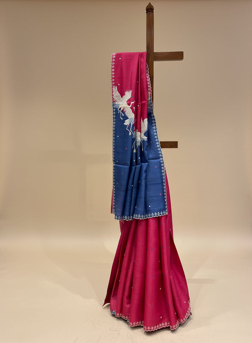 NAVY BLUE & RASPBERRY PINK PURE TUSSAR SILK SAREE EMBELLISHED WITH PARSI EMBROIDERY