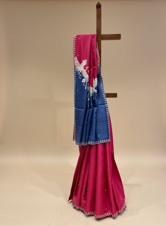 NAVY BLUE & RASPBERRY PINK PURE TUSSAR SILK SAREE EMBELLISHED WITH PARSI EMBROIDERY