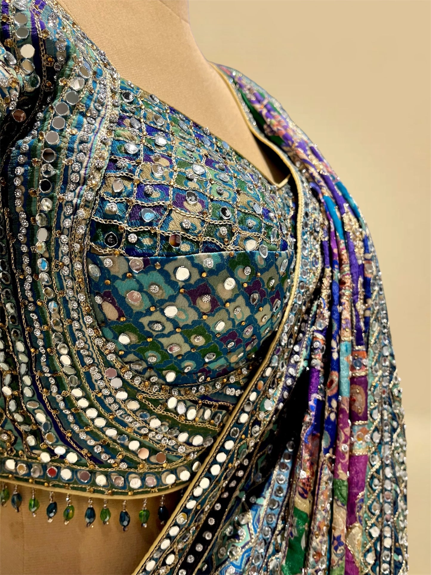 MULTICOLOURED CHINON SAREE EMBELLISHED WITH MIRROR & AARI WORK, PAIRED WITH A READYMADE BLOUSE