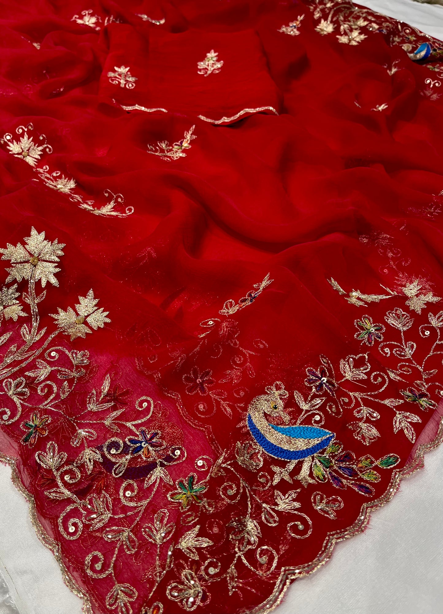 CRIMSON RED CHIFFON EMBROIDERED SAREE WITH AARI & CUTDANA WORK - Kothari Sons