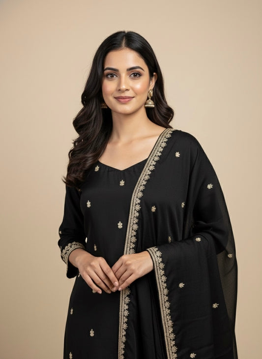 BLACK PLANT BASED SILK EMBROIDERED UNSTITCHED SUIT