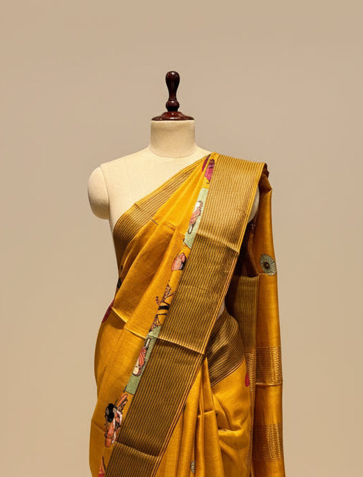 MUSTARD COLOUR PURE TUSSAR SILK PRINTED SAREE WITH ZARI BORDER
