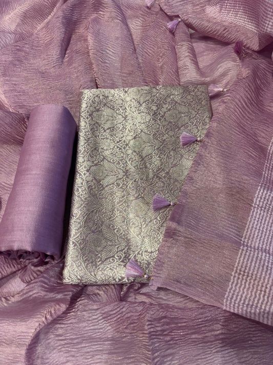 MAUVE PURE BROCADE UNSTITCHED SUIT WITH CRUSHED TISSUE DUPATTA &CHANDERI SILK BOTTOM