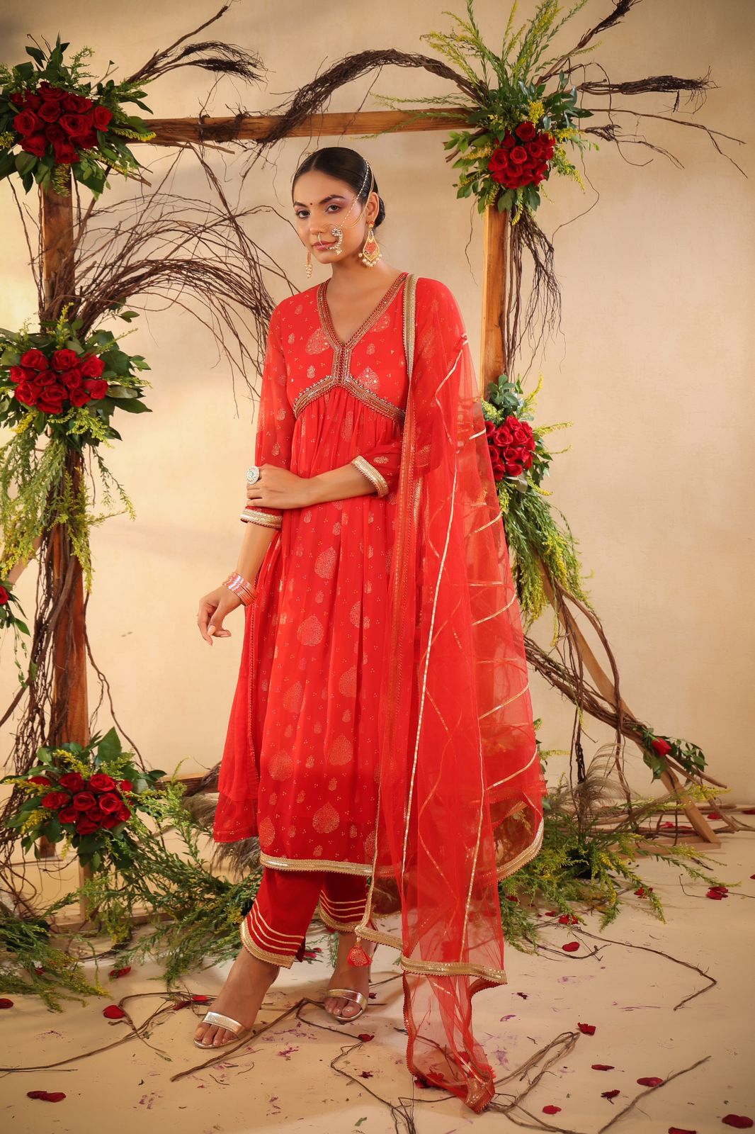 RED COLOUR CHIFFON SIDE SLIT SUIT WITH NET DUPATTA EMBELLISHED WITH CUTDANA & SEQUINS WORK