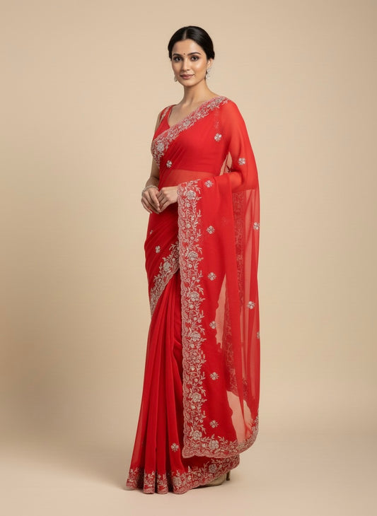 RED PURE CHIFFON EMBROIDERED SAREE WITH SEQUINS & CUTDANA WORK - Kothari Sons