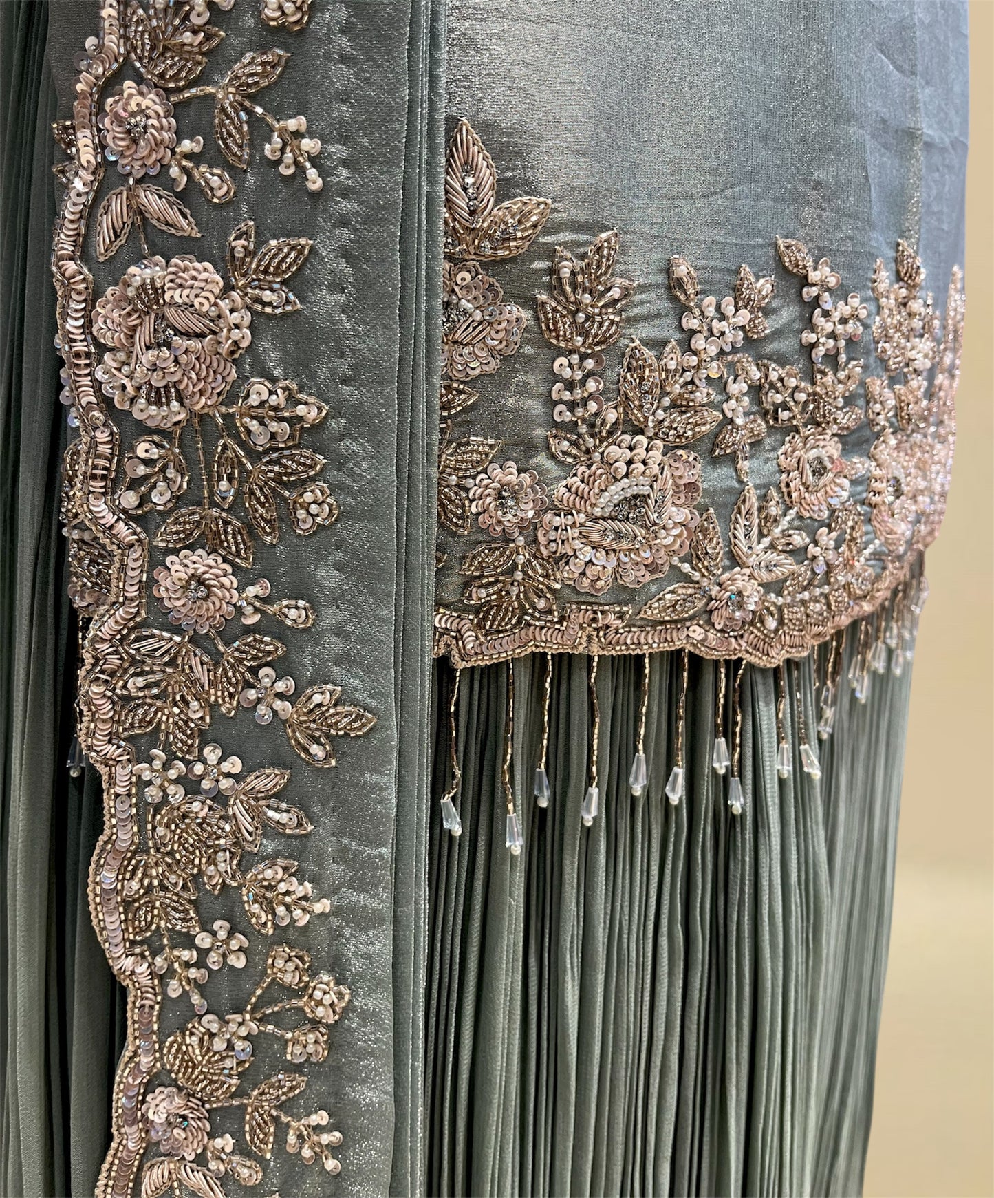 STEEL BLUE PURE TISSUE SHORT KURTI WITH PLEATED PALAZZO PANTS AND DUPATTA EMBELLISHED WITH BEADS & SEQUINS WORK (DELIVERY IN 20 DAYS)