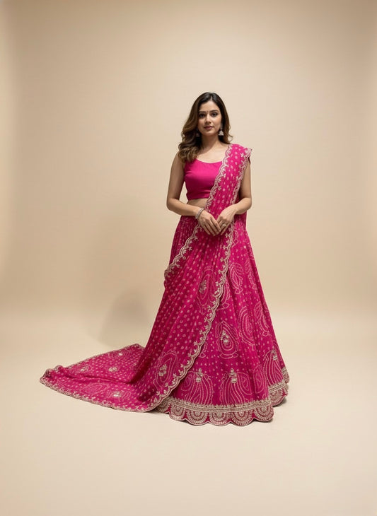 HOT PINK PURE GEORGETTE OJARIYA BANDHANI LEHENGA EMBELLISHED WITH GOTA PATTI & ZARDOZI WORK