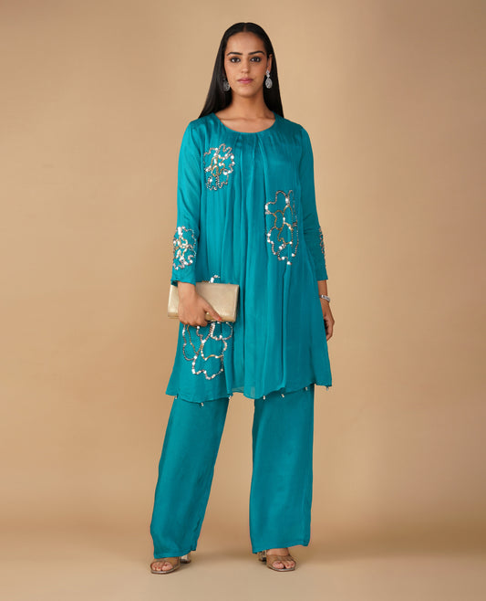 (DELIVERY IN 20 DAYS) TEAL CHINON SEQUIN EMBROIDERED SHORT KURTI WITH PANTS (SUIT)