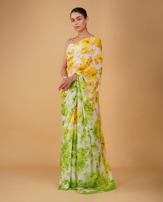 PURE PLATINUM CHIFFON OFF WHITE PRINTED SAREE WITH GREEN SELF-PRINTED PURE CREPE BLOUSE