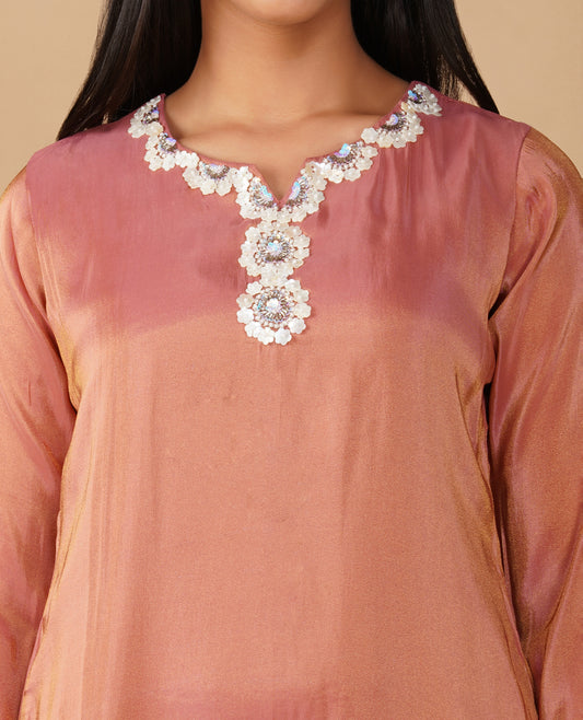 (DELIVERY IN 20 DAYS) RUST COLOUR TISSUE SUIT SET WITH SEQUINS EMBROIDERY, MATCHING PANTS & DUPATTA